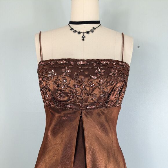 Vintage Morgan Co Prom Dress Maxi Gown Fairy 90s Y2K Split Empire Slip Brown M - Picture 4 of 10